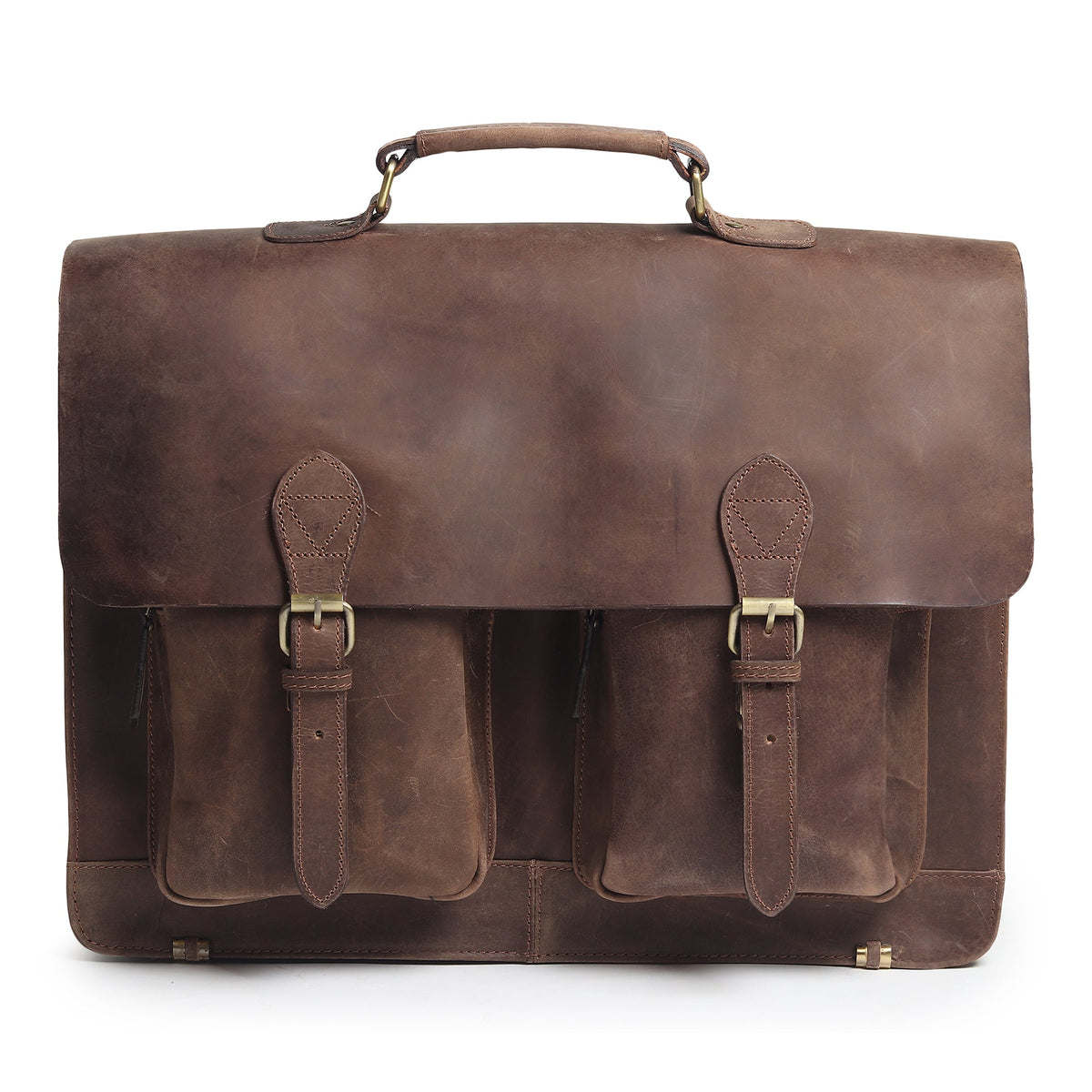 Vintage brown buffalo leather messenger bag with push-clip flap and shoulder strap