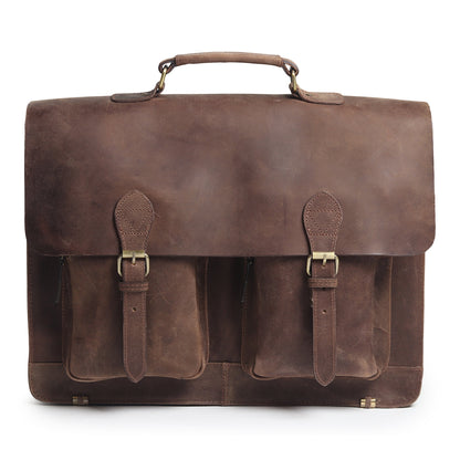 Vintage brown buffalo leather messenger bag with push-clip flap and shoulder strap