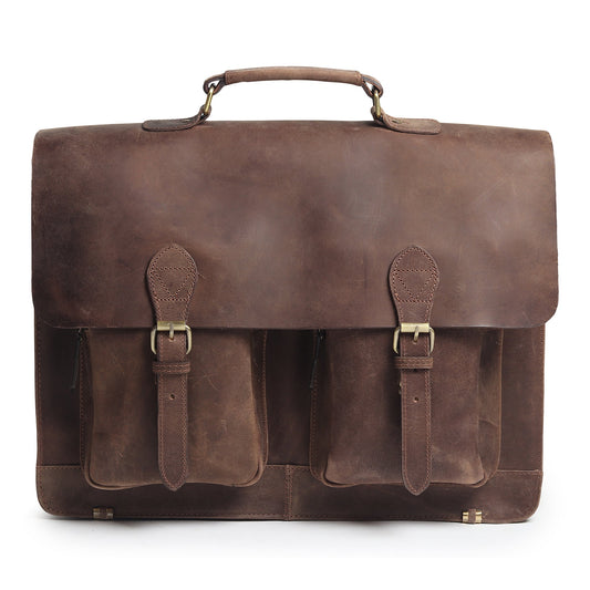 Vintage brown buffalo leather messenger bag with push-clip flap and shoulder strap