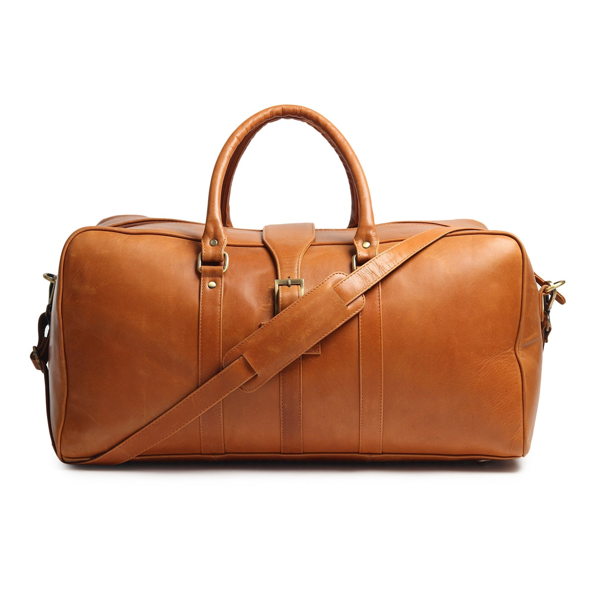Tan buffalo leather duffle bag with brass hardware and shoulder strap, view 2