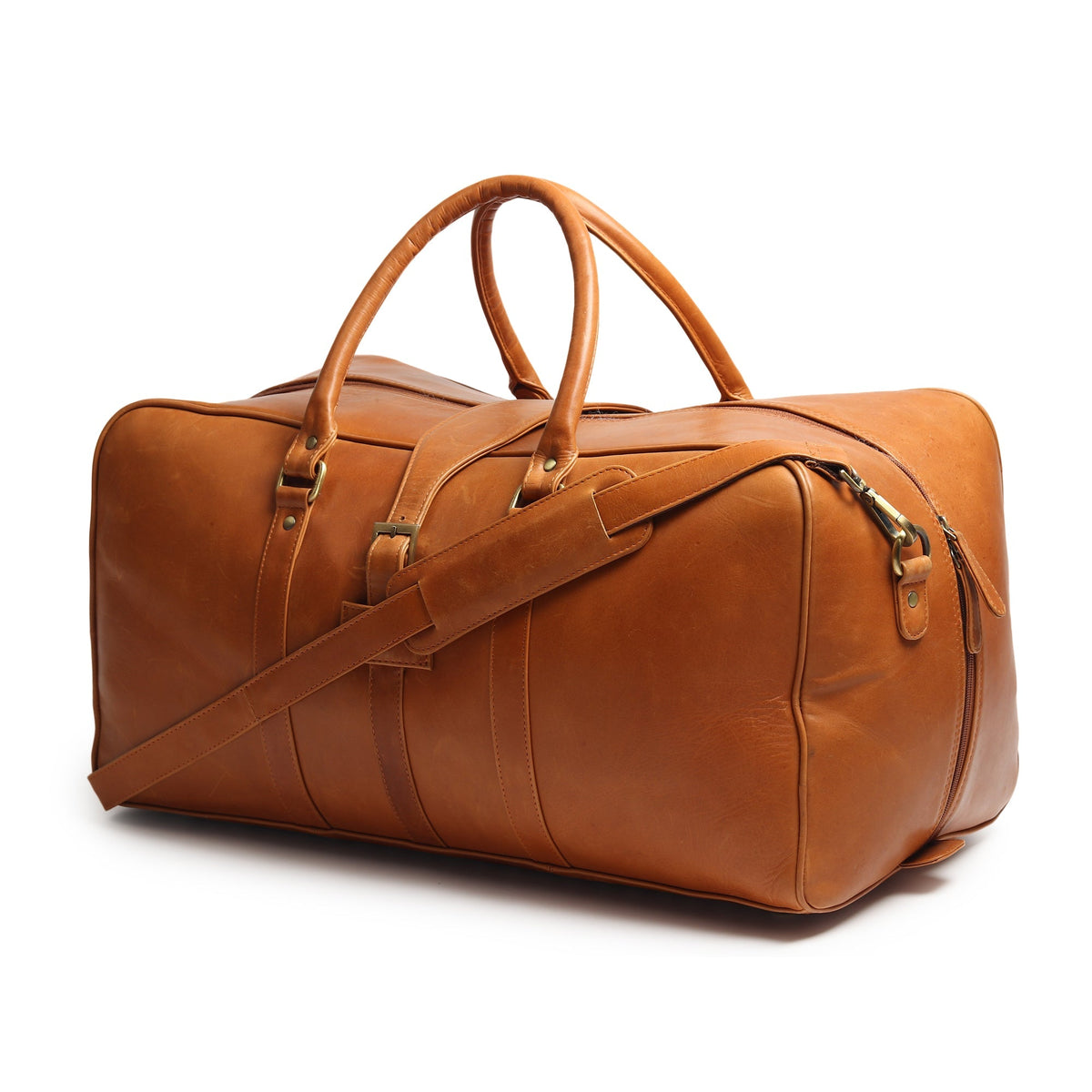 Tan buffalo leather duffle bag with brass hardware and shoulder strap