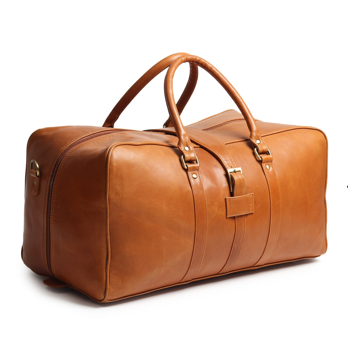 Tan buffalo leather duffle bag with brass hardware and shoulder strap, view 4
