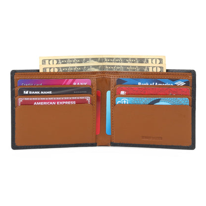 Black leather card wallet open to show yellow leather interior, view 3