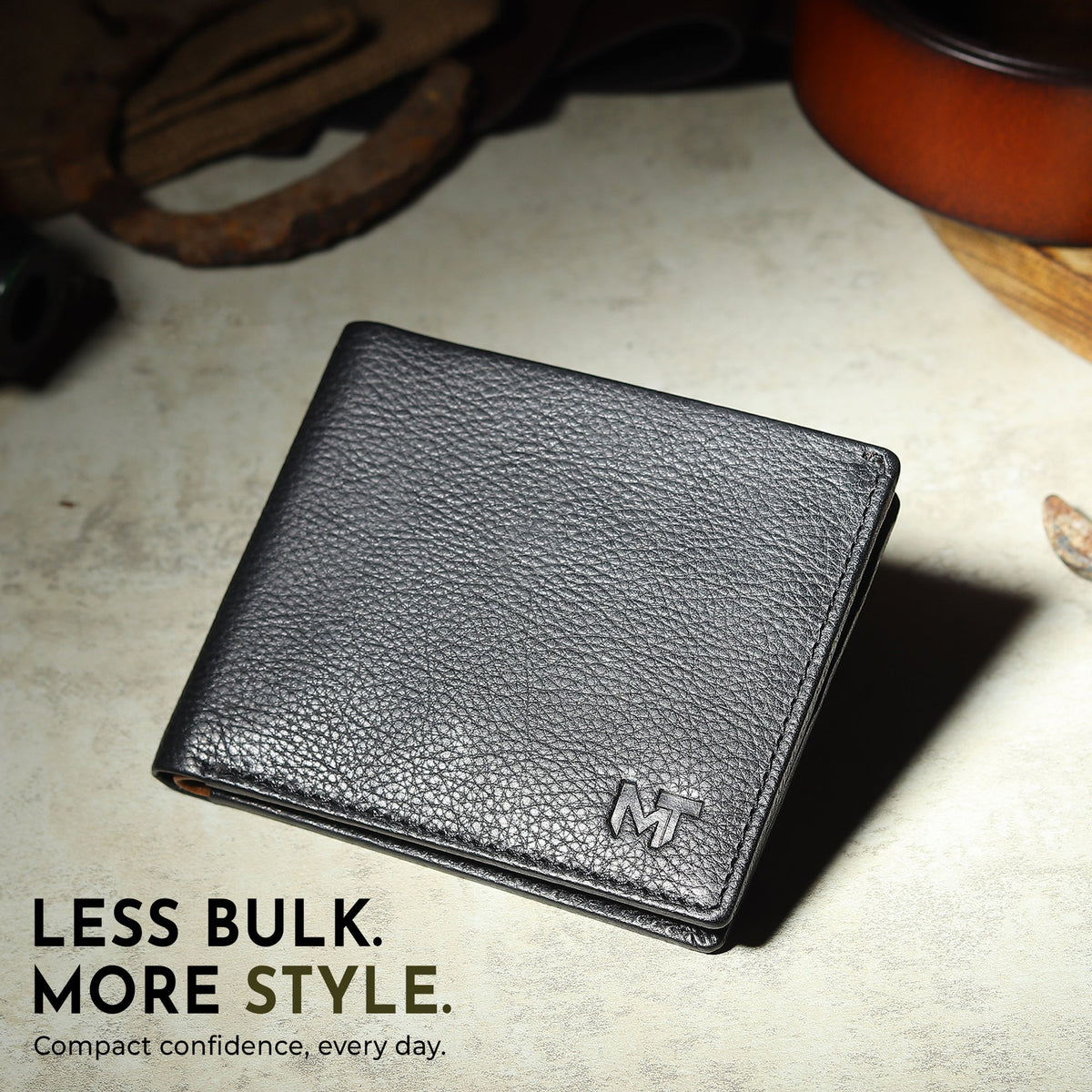 Black leather card wallet open to show yellow leather interior, view 2