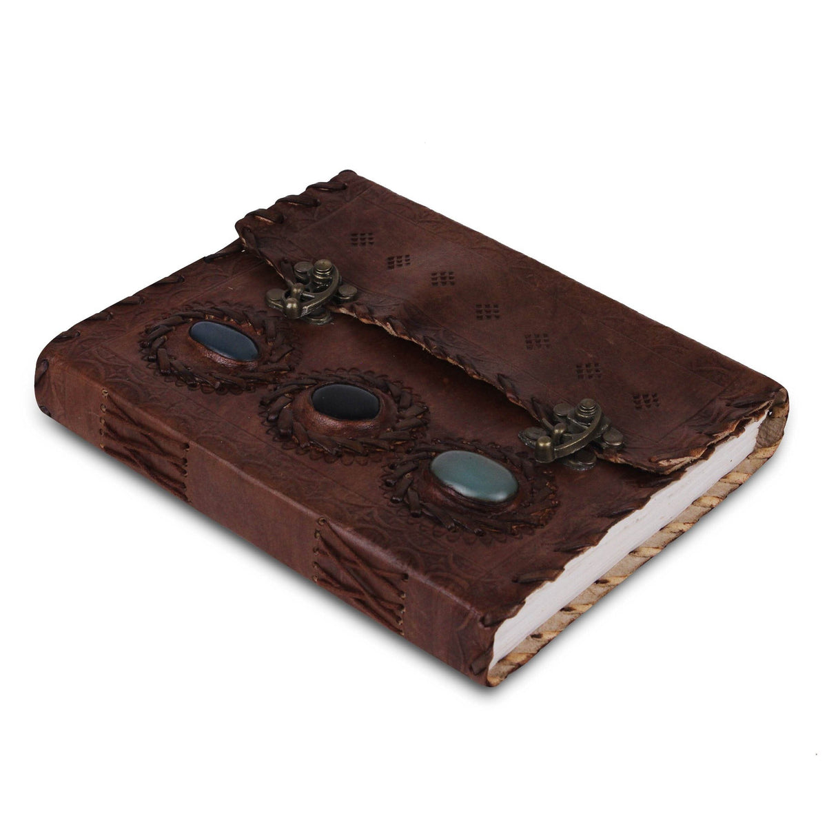 Vintage leather journal with three embossed stones on the cover, view 3