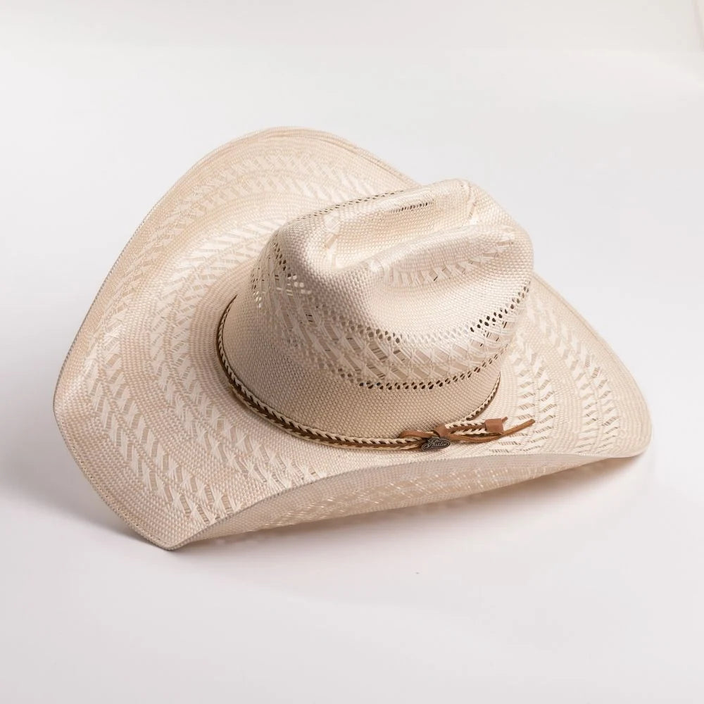 Tan Shantung straw cattleman cowboy hat with a woven band