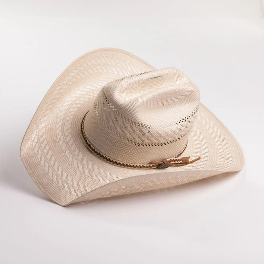 Tan Shantung straw cattleman cowboy hat with a woven band