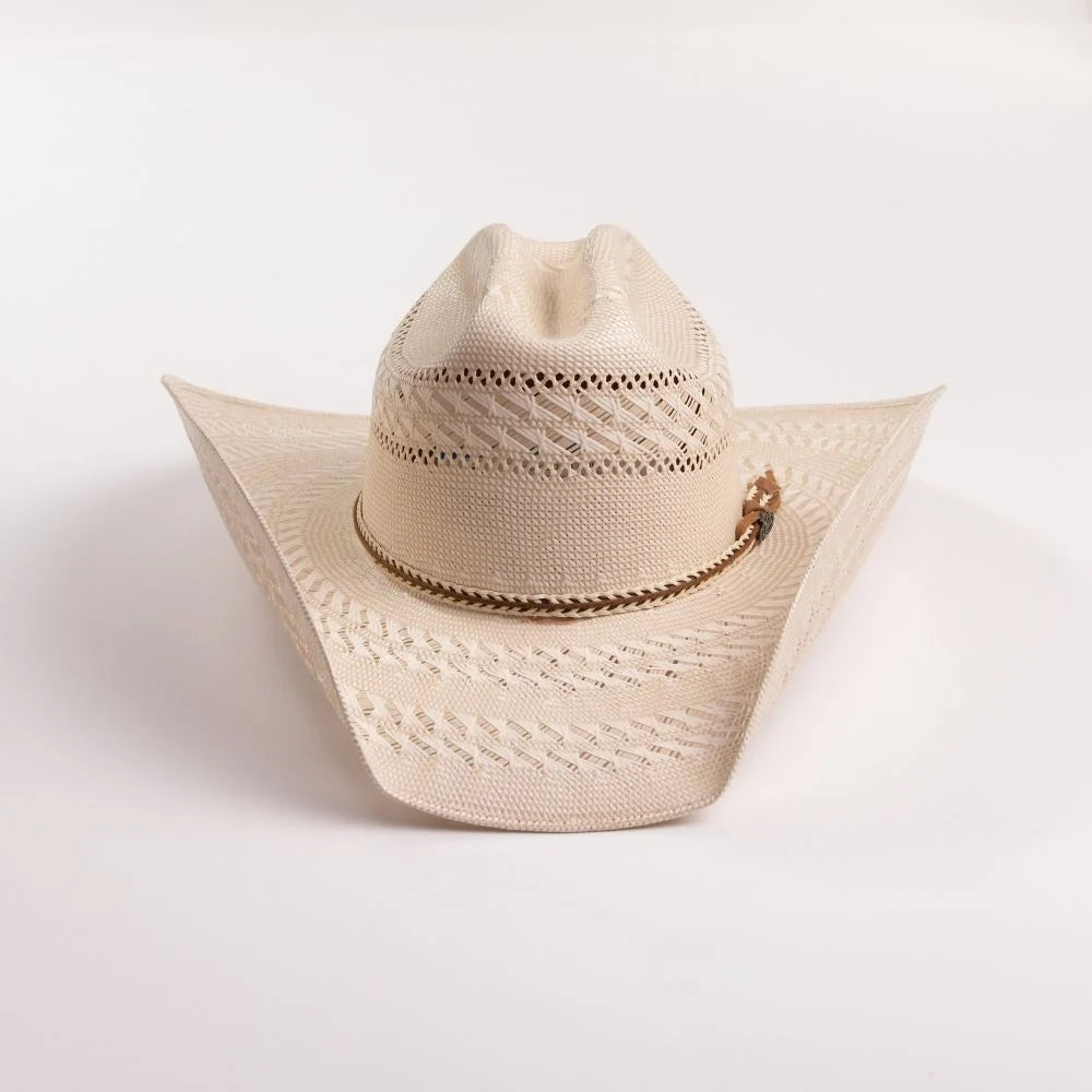 Tan Shantung straw cattleman cowboy hat with a woven band, view 3