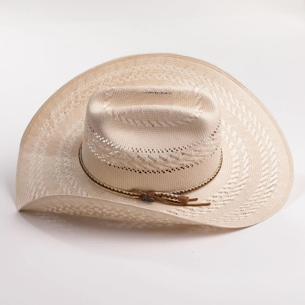 Tan Shantung straw cattleman cowboy hat with a woven band, view 2