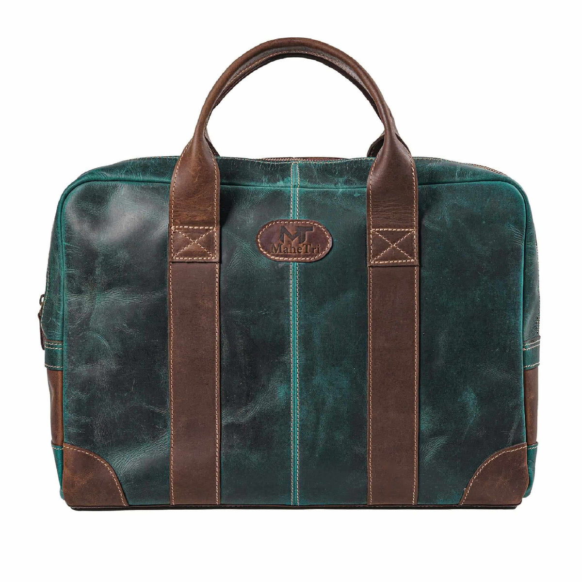 Leather messenger briefcase with top zip and shoulder strap