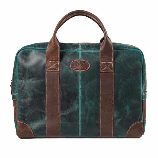 Leather messenger briefcase with top zip and shoulder strap