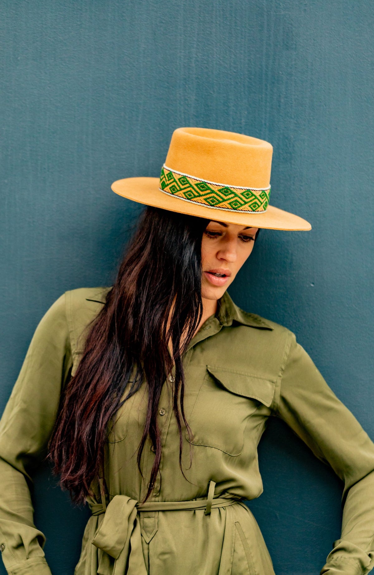 Camel tan alpaca wool felt bucket hat with a woven textile band, view 3