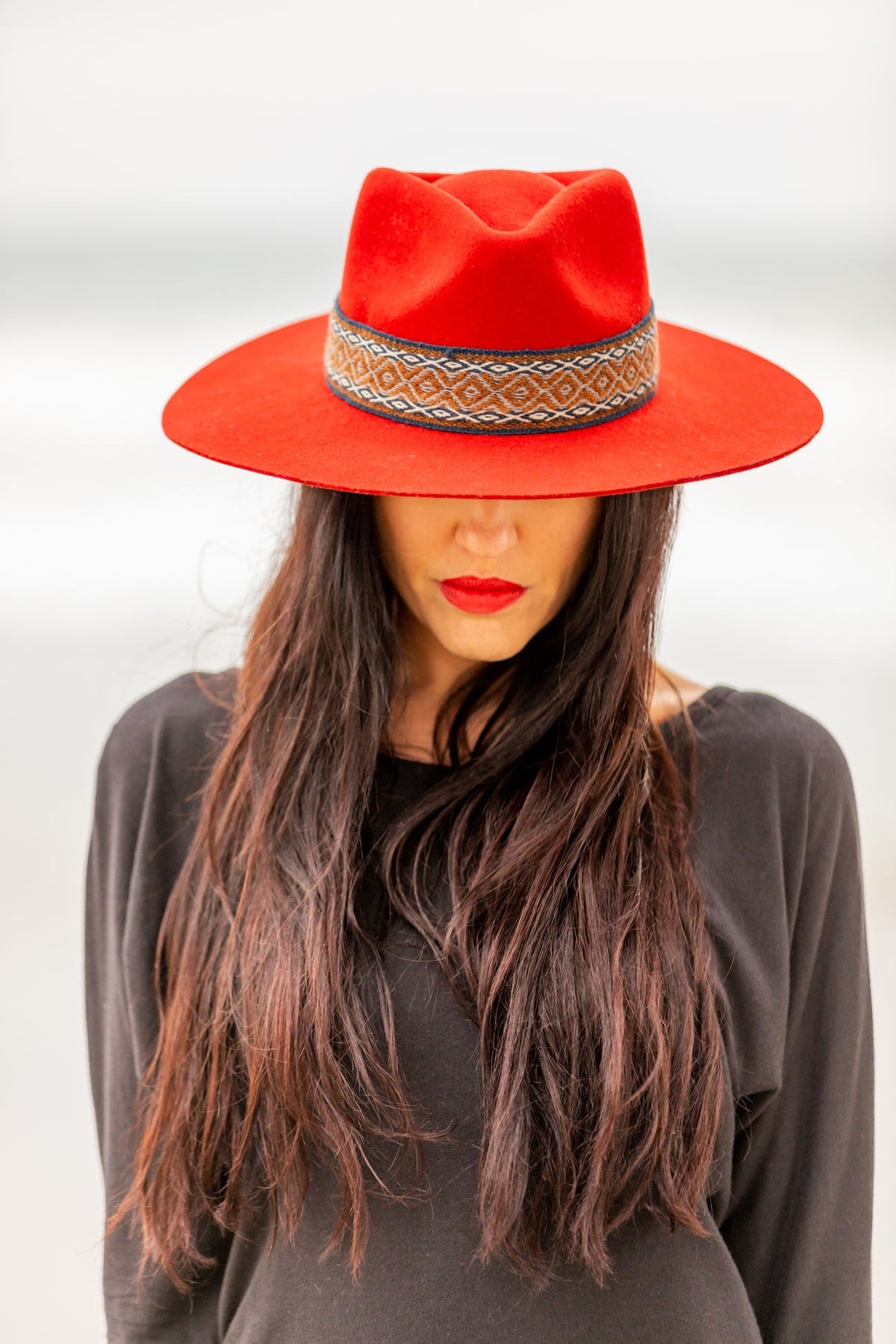 Red alpaca wool felt Western hat with a woven hatband, view 2