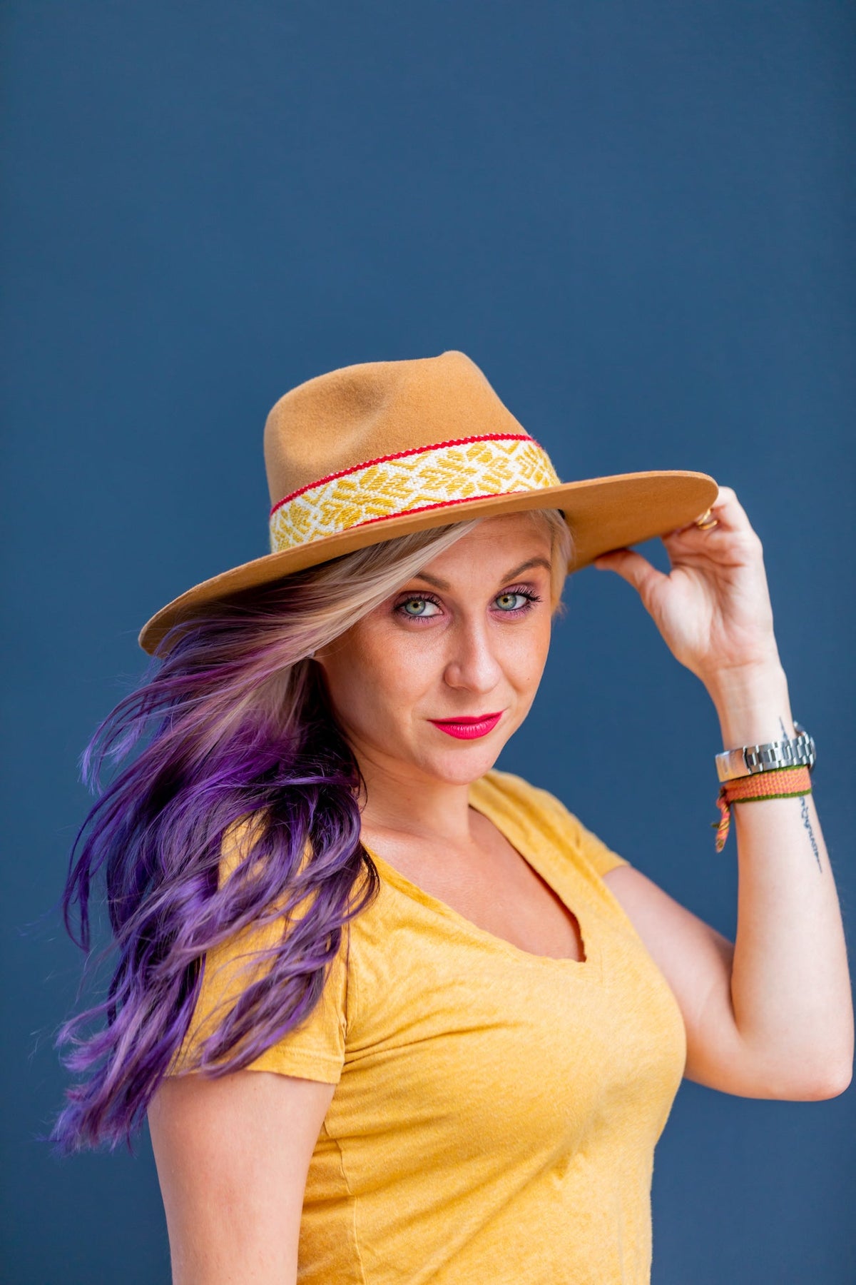 Camel alpaca wool felt Western hat with a woven hatband, view 3