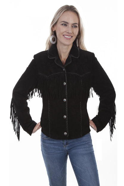 Black suede women's leather jacket with fringe on the yokes and sleeves