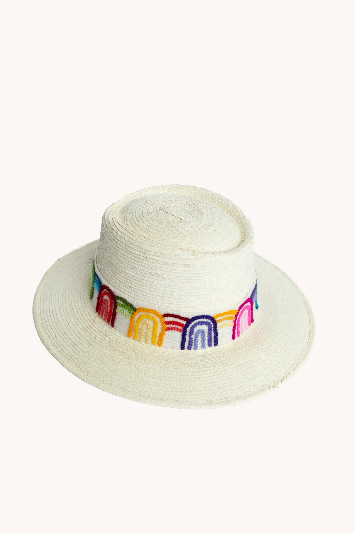 White palm leaf straw bucket hat with a woven textile band, view 4