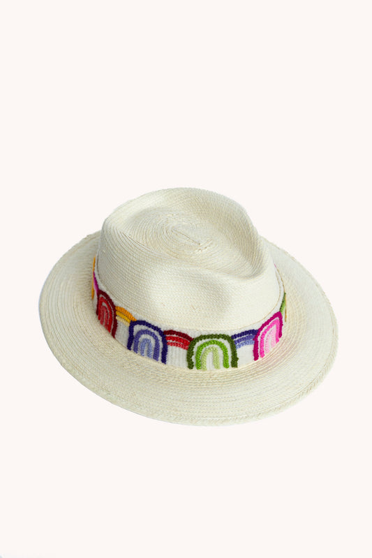 White palm leaf straw fedora with a woven textile band