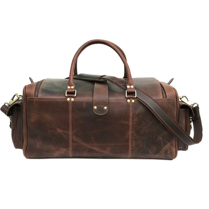 Dark brown leather duffle bag with shoulder strap and buckled pockets, view 4