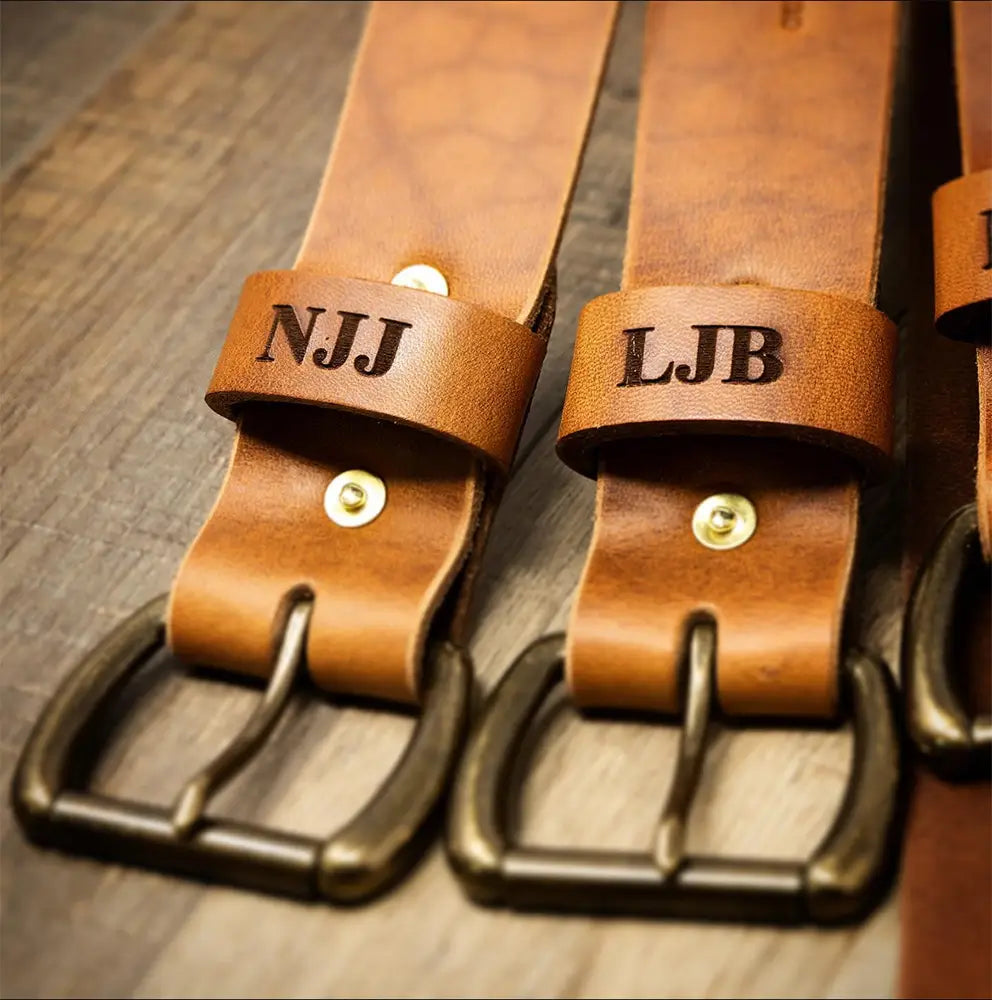 Oak brown full-grain leather belt with solid brass buckle, view 4