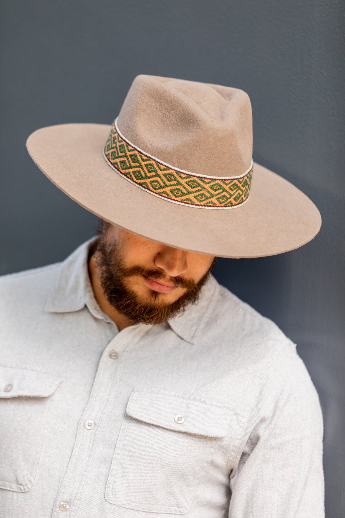 Beige alpaca wool felt Western hat with a woven hatband, view 2