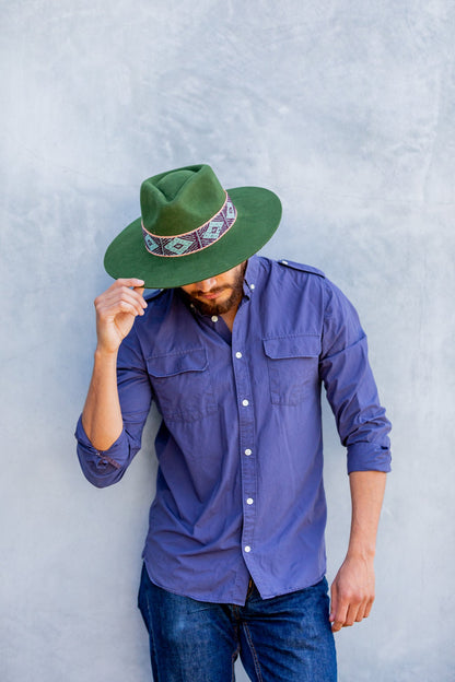 Hunter green alpaca wool felt Western hat with a woven hatband, view 3