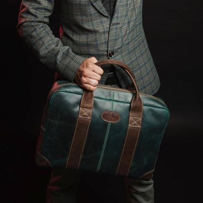 Leather messenger briefcase with top zip and shoulder strap, view 2