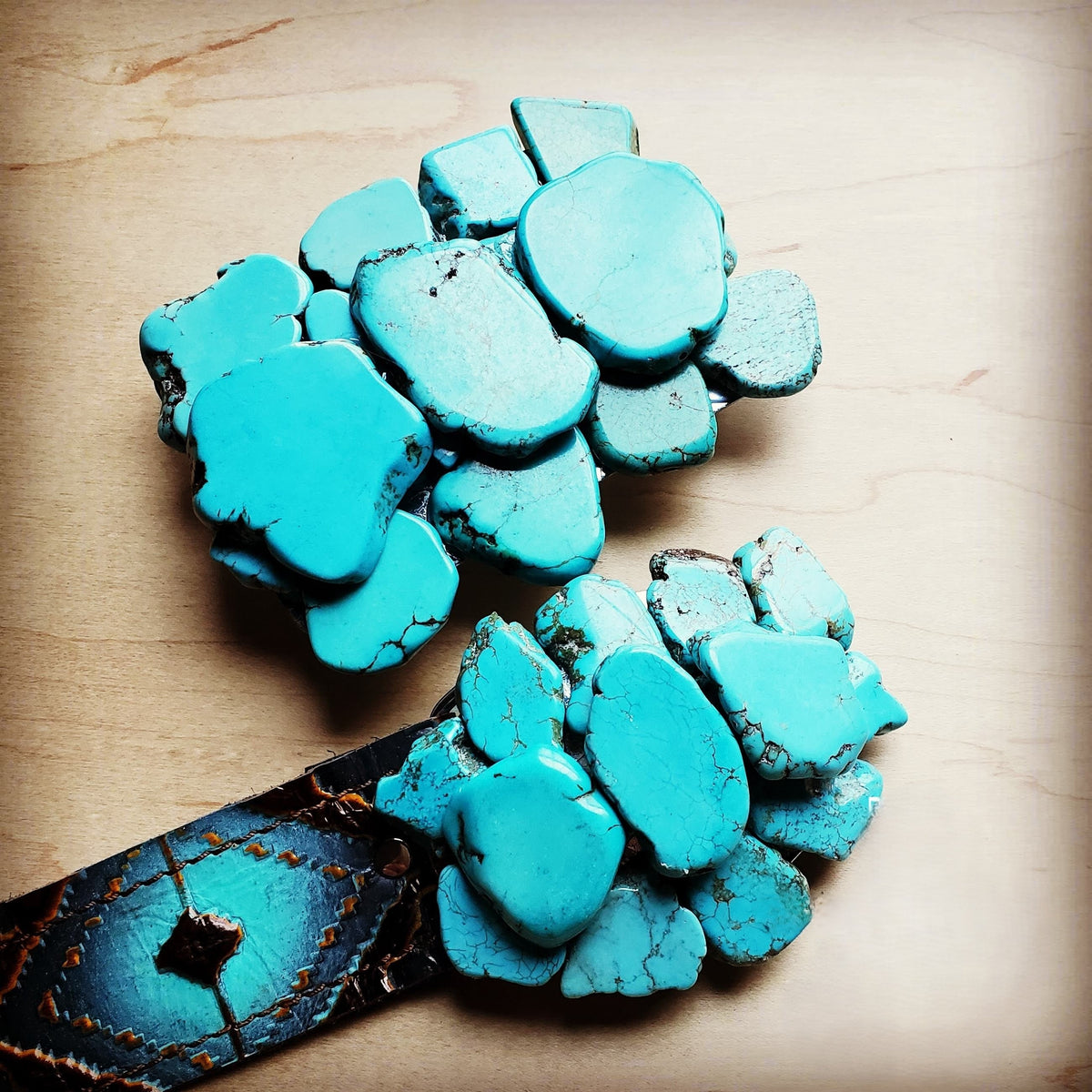 Large turquoise-tone slab western belt buckle, handmade, view 6