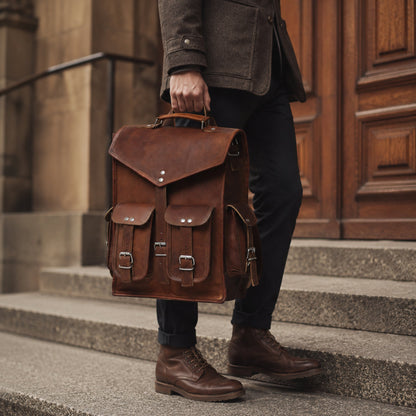 Vintage brown goat leather convertible backpack with buckled flap, view 4