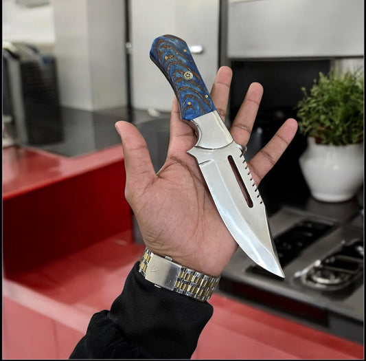 D2 steel hunting knife with pine cone resin handle and hand-stitched leather case