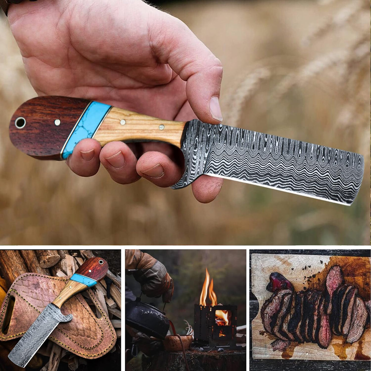 Turquoise Damascus Bull Cutter, Full Tang by Texan Knives, view 3