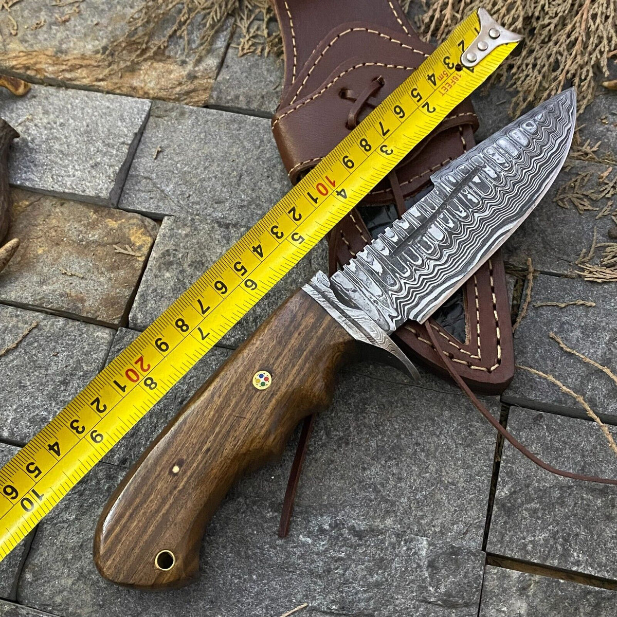 🔥 Handmade Damascus Steel Hunting Knife – Rosewood Handle & Damascus Guard + Leather Sheath