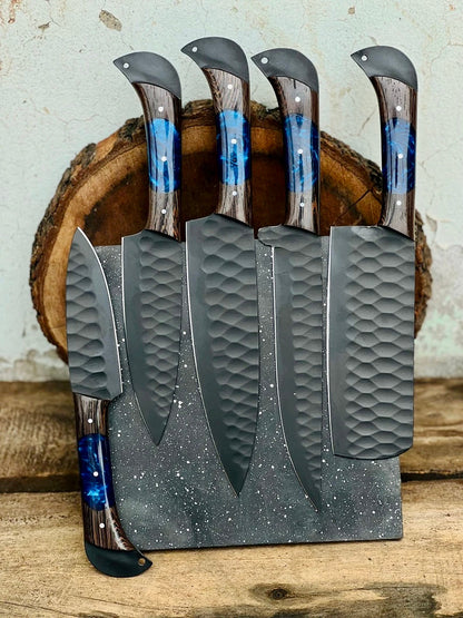 Damascus kitchen knife with dark wenge wood resin handle and leather sheath