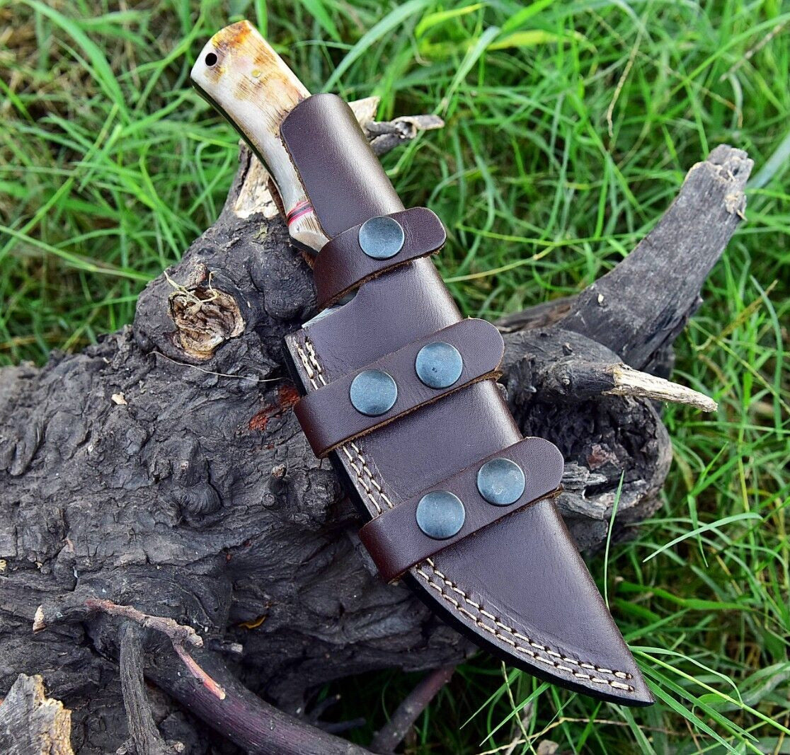Custom Handmade Damascus Steel Skinner Knife with Sheep Horn Handle – 4.5" Blade