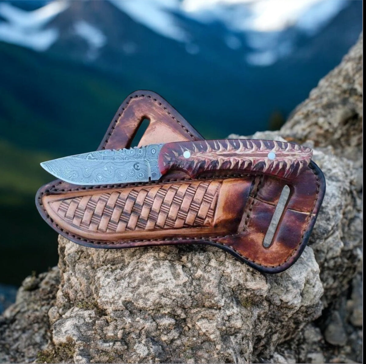 Rasp steel cowboy knife with pine cone resin handle and handmade leather belt sheath