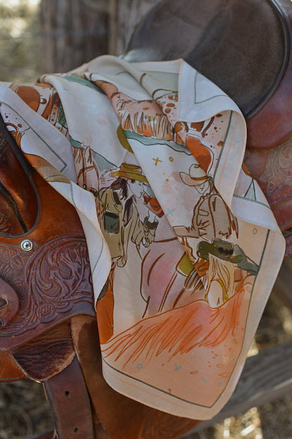 Merlot and green wild rag showing riders sharing a drink after a trail ride at dusk, view 4