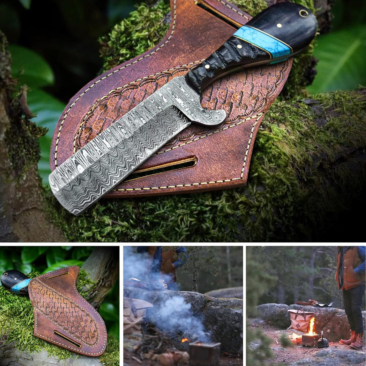Damascus Bull Cutter, Resin or Sheep Horn Handle by Texan Knives, view 2