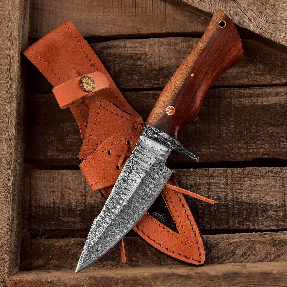 Small Damascus Hunting Knife, Rosewood, 5-Inch Blade by Texan Knives, view 2