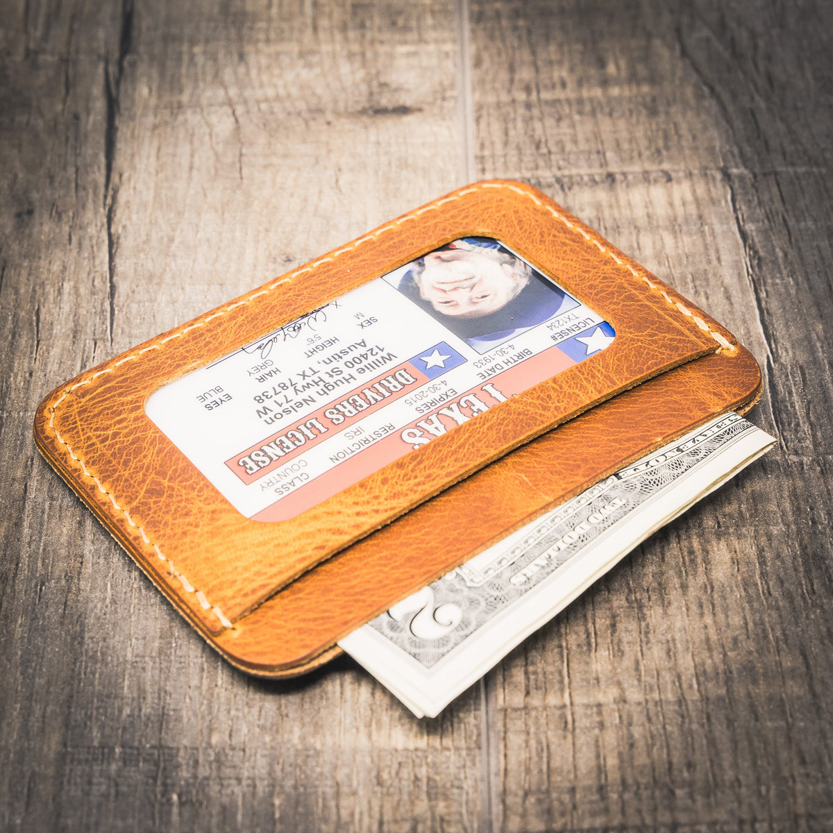 Saddle tan leather card wallet with front card slots, view 3