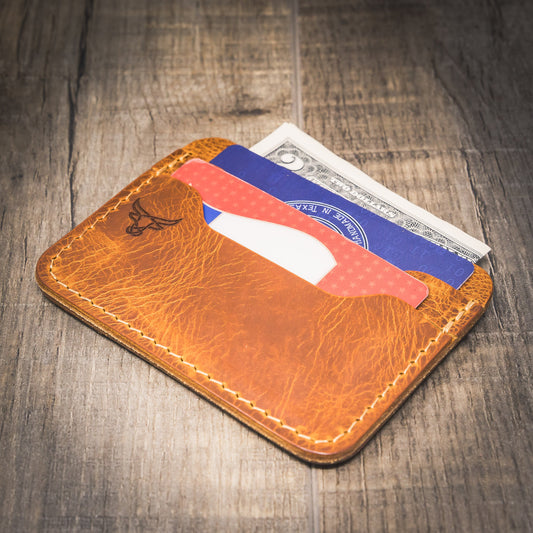 Saddle tan leather card wallet with front card slots