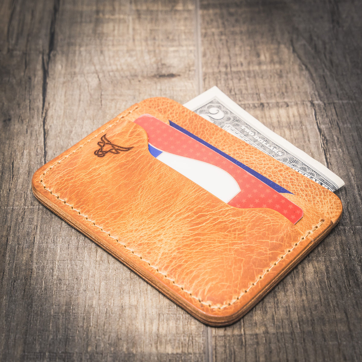 Saddle tan leather card wallet with front card slots, view 4