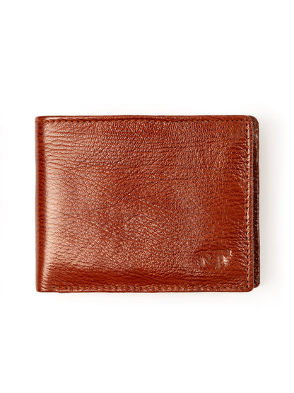 Brown leather card wallet open to show card slots
