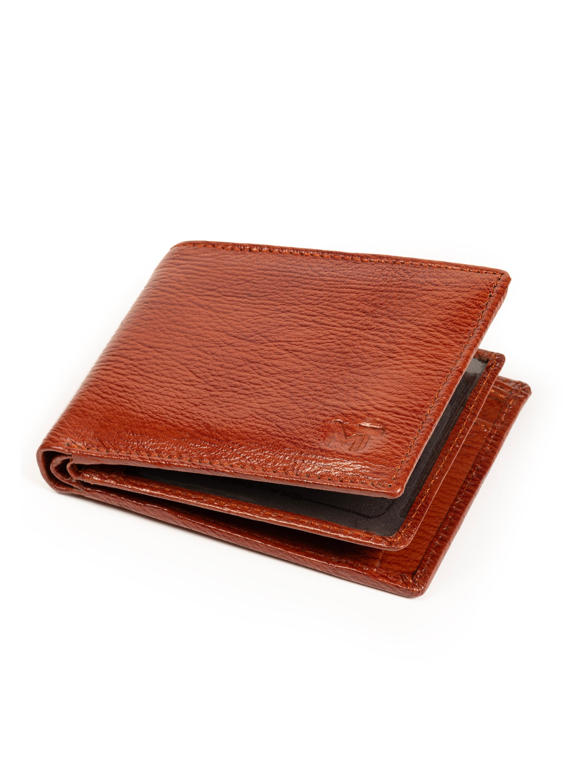 Brown leather card wallet open to show card slots, view 4