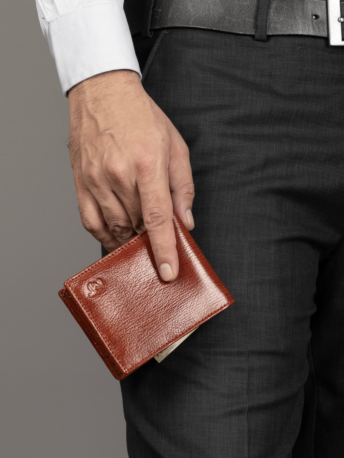 Brown leather card wallet open to show card slots, view 3