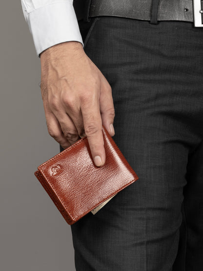 Brown leather card wallet open to show card slots, view 3