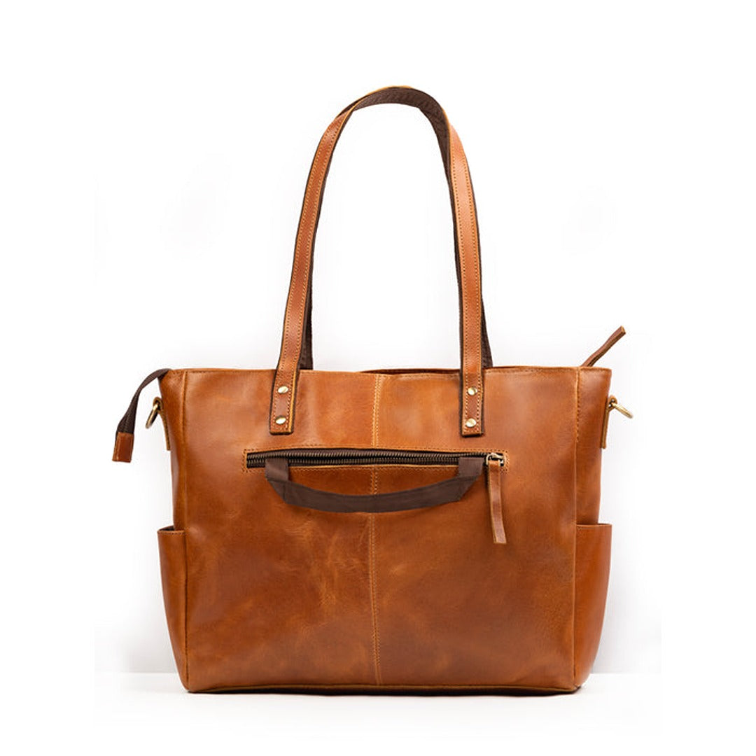 Tan full-grain leather tote bag with top handles and zip pockets, view 3