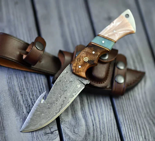 Damascus guthook skinning knife with two-tone rosewood and bone handle