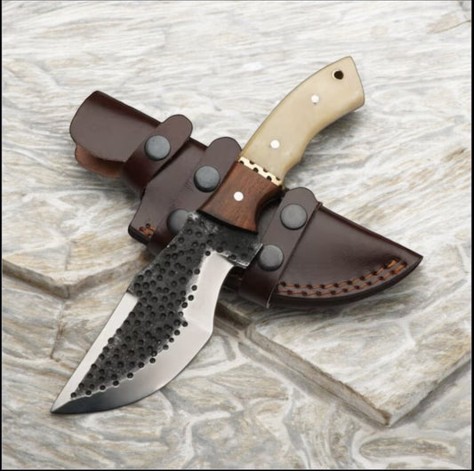 D2 steel tracker knife with rosewood, brass, and camel bone handle and leather case