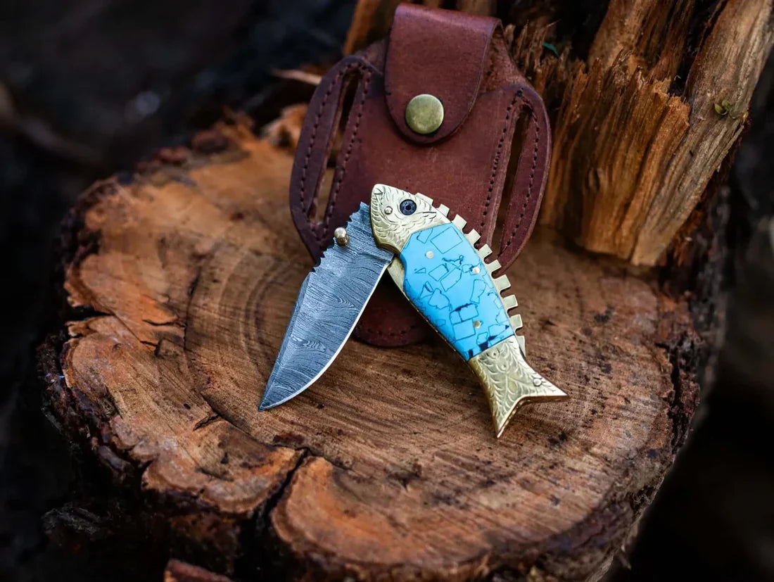 Fish Style Damascus Folding Knife, Resin and Brass by Texan Knives, view 2