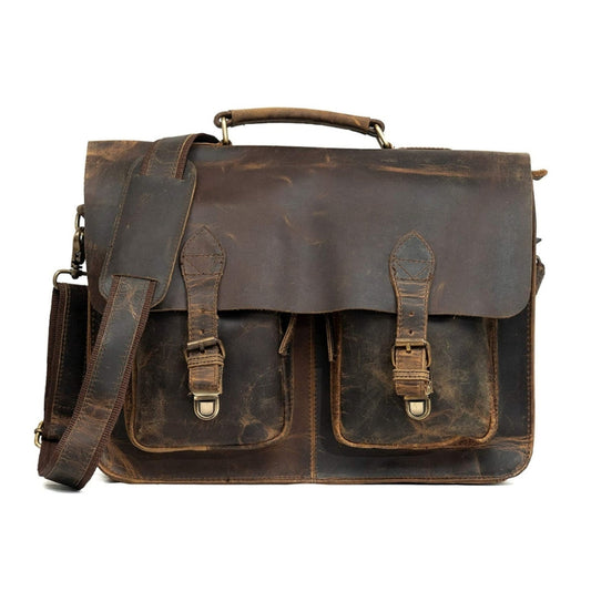 Rustic leather laptop messenger bag with two front pockets