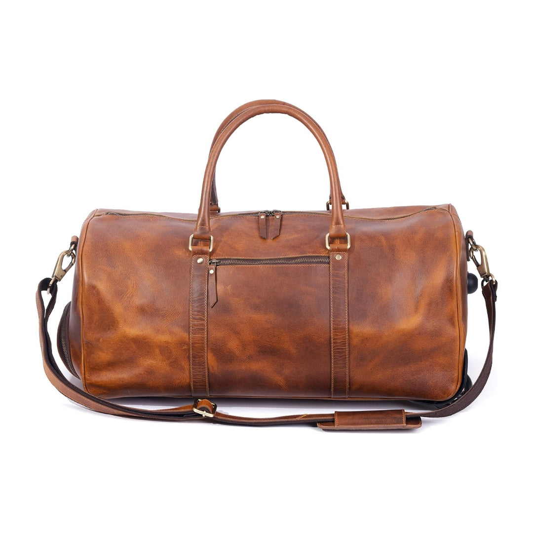 Tan buffalo leather trolley bag with wheels and top handle